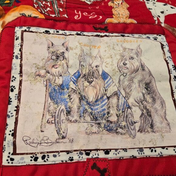 Handmade 1988 Artist Signed Mischievous Dogs Cats Christmas Quilted Wall Hanging - Picture 3 of 14